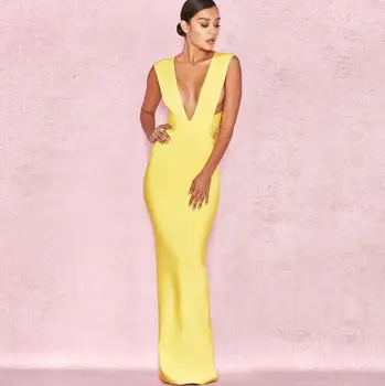 

top quality sleeveless sexy low bosom pub backldss yellow evening party slit bodycon women bandage long dress wholesale