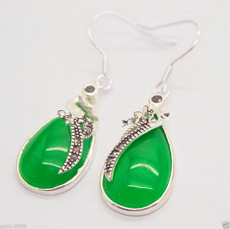 

15*26mm Natural Green Emerald Jade 925 silver & Marcasite Earrings