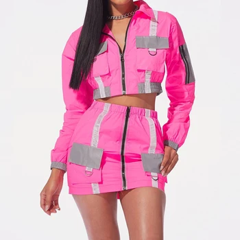 

Reflective Solid Casual Two Piece Skirt Sets Organ Pocket Patchwork Zipper Full Sleeve Crop Coat Skirts Women Club Sexy Outfits