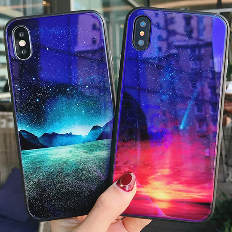 MYSUN Blue Ray Tempered Glass Case for iPhone 6 6s Cool Pattern Cover 7 8 X Plus Back Protetor |