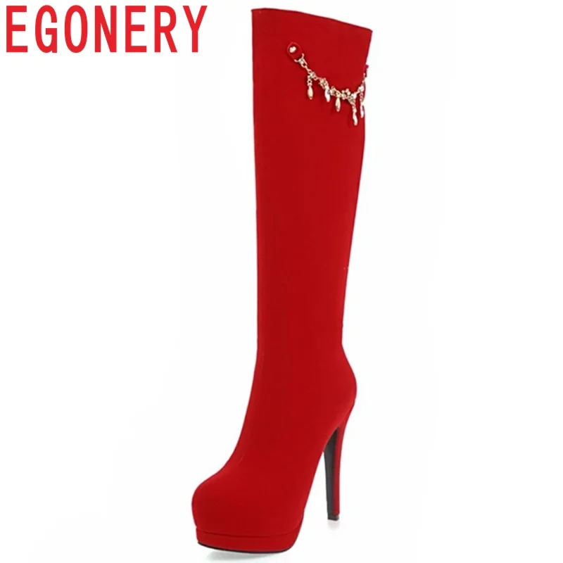 

EGONERY newest popular flock knee high boots super high thin heels platform zipper pointed toe chain sexy party zapatos mujer