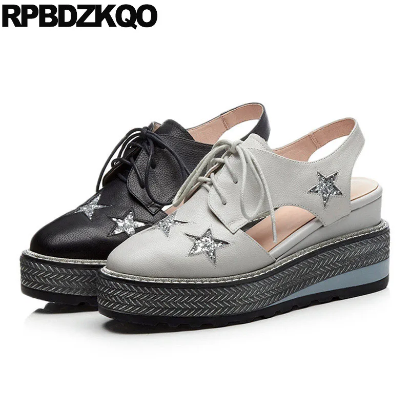 

Slingback Black Spring Sequin High Heels Glitter Genuine Leather Women Pumps Lace Up Closed Toe Wedge Sandals Platform Shoes