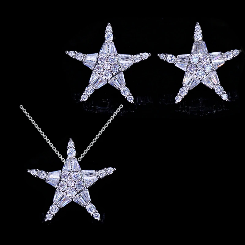 

CWWZircons High Quality Cubic Zircon Setting Lucky Star 925 Sterling Silver Pin Earring And Necklace Jewelry Sets For Women T175