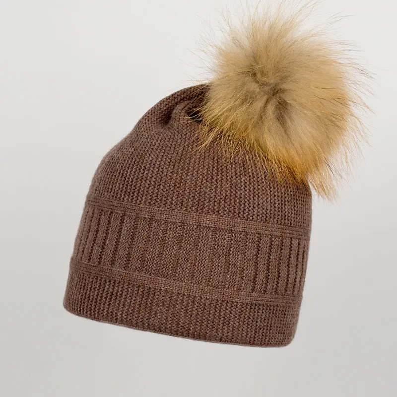 Pudi женская зимняя теплая вязаная шапка, кепка, бини мяч из натурального меха енота hk702 - Цвет: khaki 705