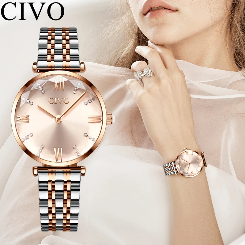 CIVO, модные роскошные часы с кристаллами, женские водонепроницаемые часы со стальным ремешком, женские кварцевые часы, Лидирующий бренд, часы с кристаллами и бриллиантами для женщин
