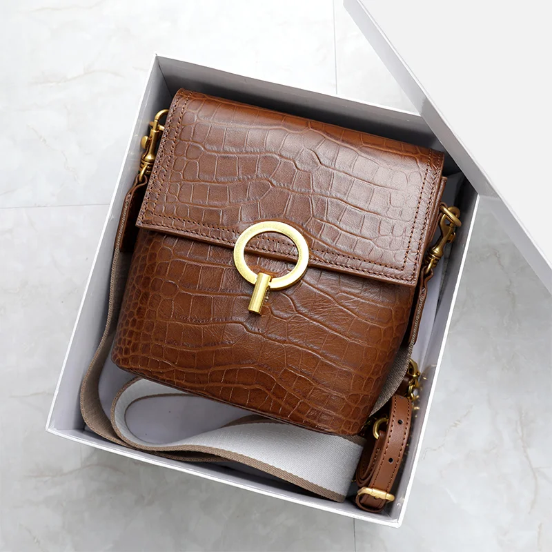 

Leisure Real Cow Leather Crocodile Pattern Women Single Shoulder Bag 2 Strap Retro Lock Female Crossbody Bag Small