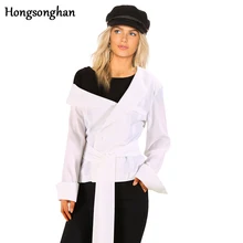 Hongsonghan ins модные рубашки осенний стиль женские свободные и универсальные рубашки с корсет со шнуровкой однотонные длинные Необычные Топы