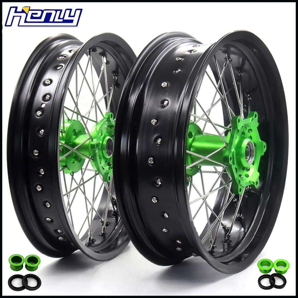 3,5/4,25*1" супермото спицевые колеса диски набор для KAWASAKI KX250F 2006- KX450F 2006- зеленый концентраторы