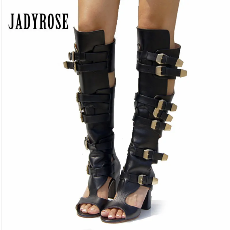 Jady Rose Genuine Leather Summer Boots Chunky High Heels Buckle Belt Hollow Out Knee High Boots Peep Toe Gladiator Sandals Jady Rose Genuine Leather Summer Boots Chunky High Heels Buckle Belt Hollow Out Knee High Boots Peep Toe Gladiator Sandals