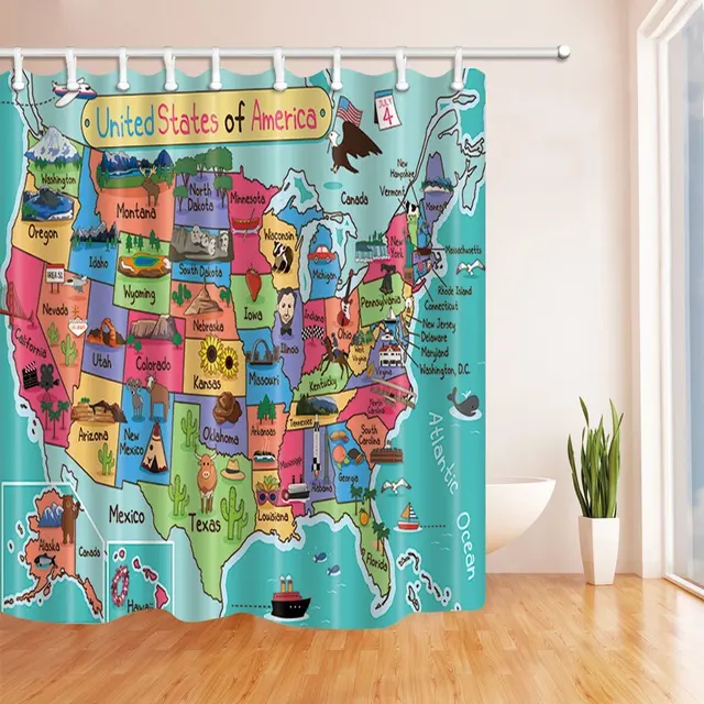 Kids Map Of The United States Bath Curtain Cartoon Fun Facts Kids Map Of The United States Bath Curtain Cartoon Fun Facts Geography Usa Polyester Fabric