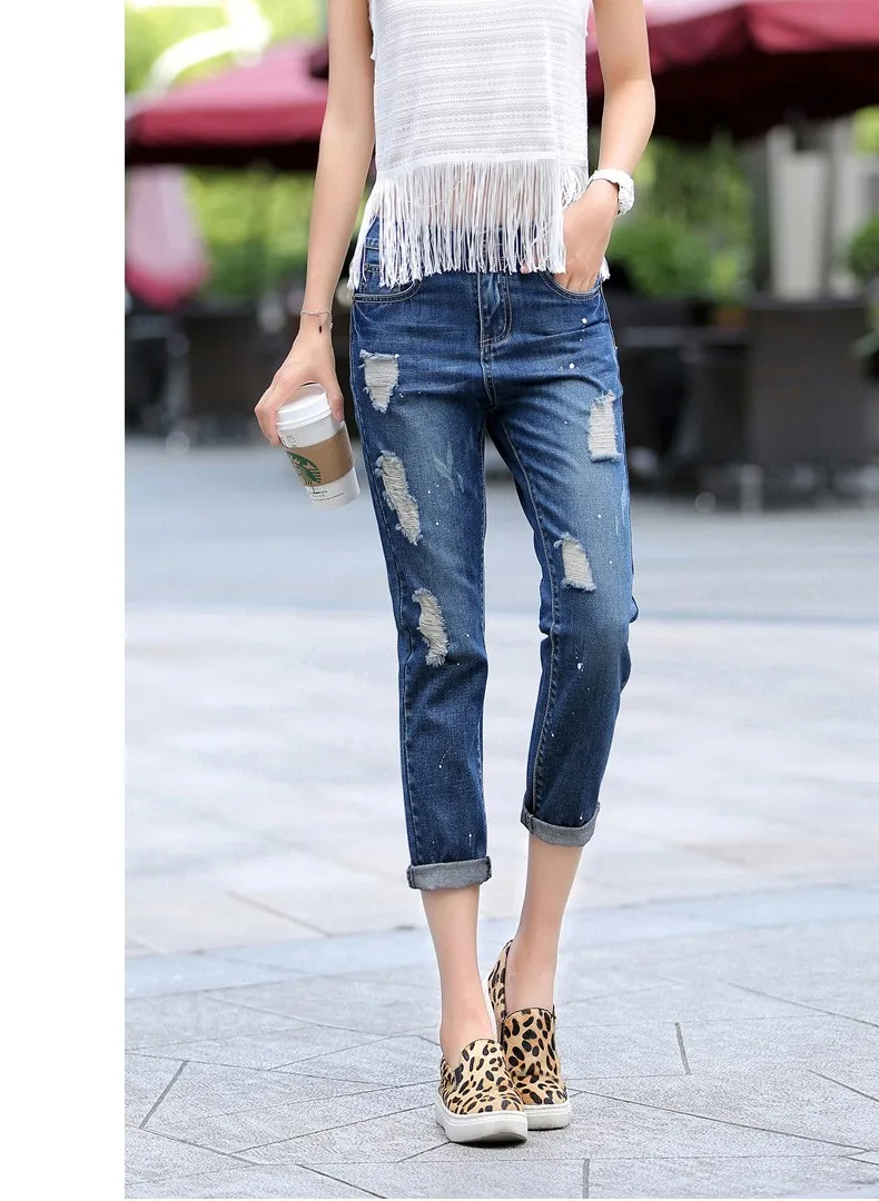 Мыть бойфренда свободные джинсы для женщин гарем Стиль размер 25-32 Джинсы с прорехами на коленях дамы свободные повседневные джинсы капри Pa