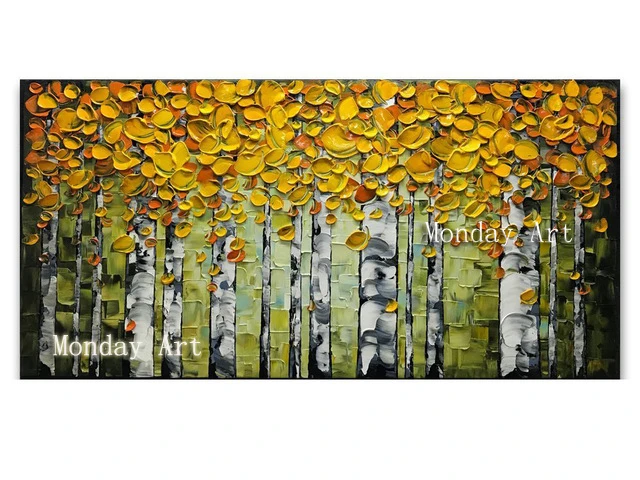 Hand-Painted-Modern-Yellow-Birch-Forest-Wall-Art-For-Living-Room-100-Hand-Painted-Yellow