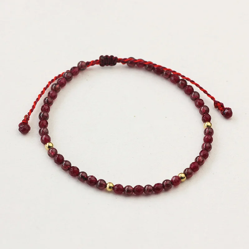 Natural Stone Garnet Beads Bracelet Thin Multi-Faceted Handmade Weave Red String Bangles Bracelets For Women Adjustable Bileklik