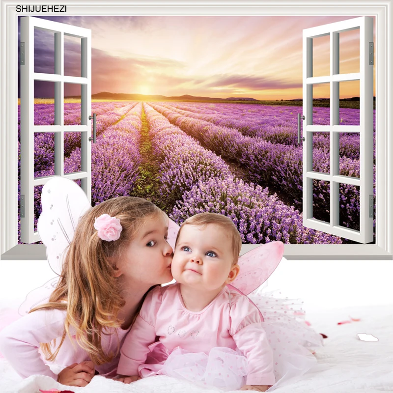 

[SHIJUEHEZI] Purple Provence Lavender Window Scenery 3D Wall Sticker Vinyl DIY Wall Poster for Kids Room Living Room Decoration