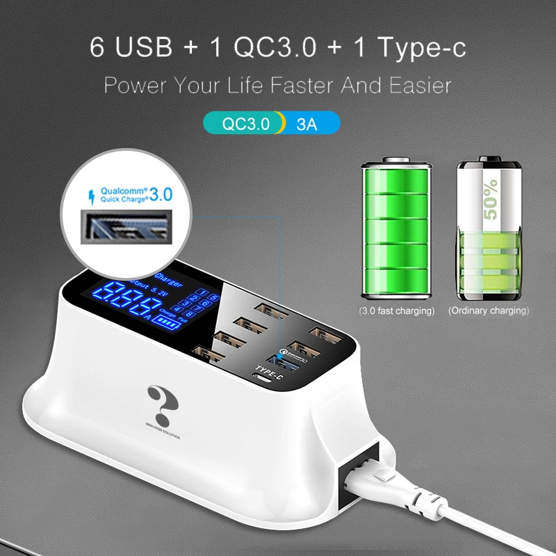 Быстрая зарядка 3,0 usb type C зарядное устройство со светодиодным дисплеем Быстрая зарядная станция телефон планшет USB зарядное устройство для iPhone samsung адаптер