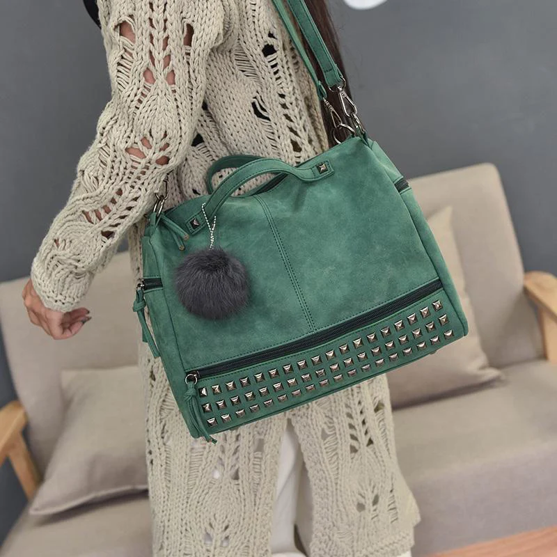 Women Shoulder Bag PU Leather Vintage Female Top-handle Bags Rivet Design Large Ladies Pompon Handbags Girls Bags Bolsa SS0344 (8)