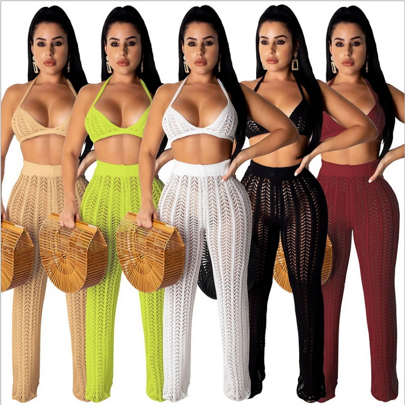 

Halter Crop Top Backless Strapless Overalls Knitted Outfits Sheer Crochet Two Piece Set Solid Color Sexy Wide Leg Pants Suits