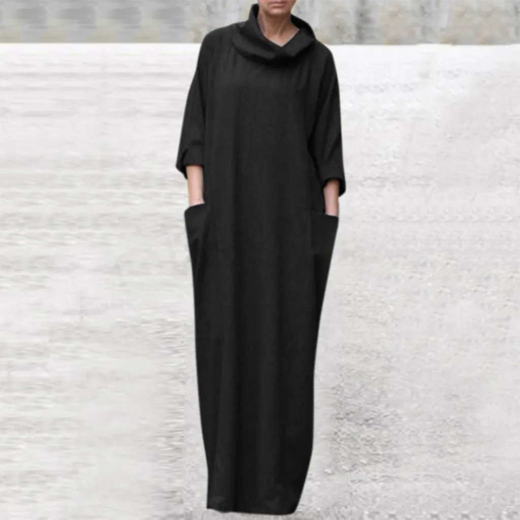 

Feitong 2018 Women Plus Size Turtleneck Long Maxi Dress Half Sleeve Full Length Pocket Dress
