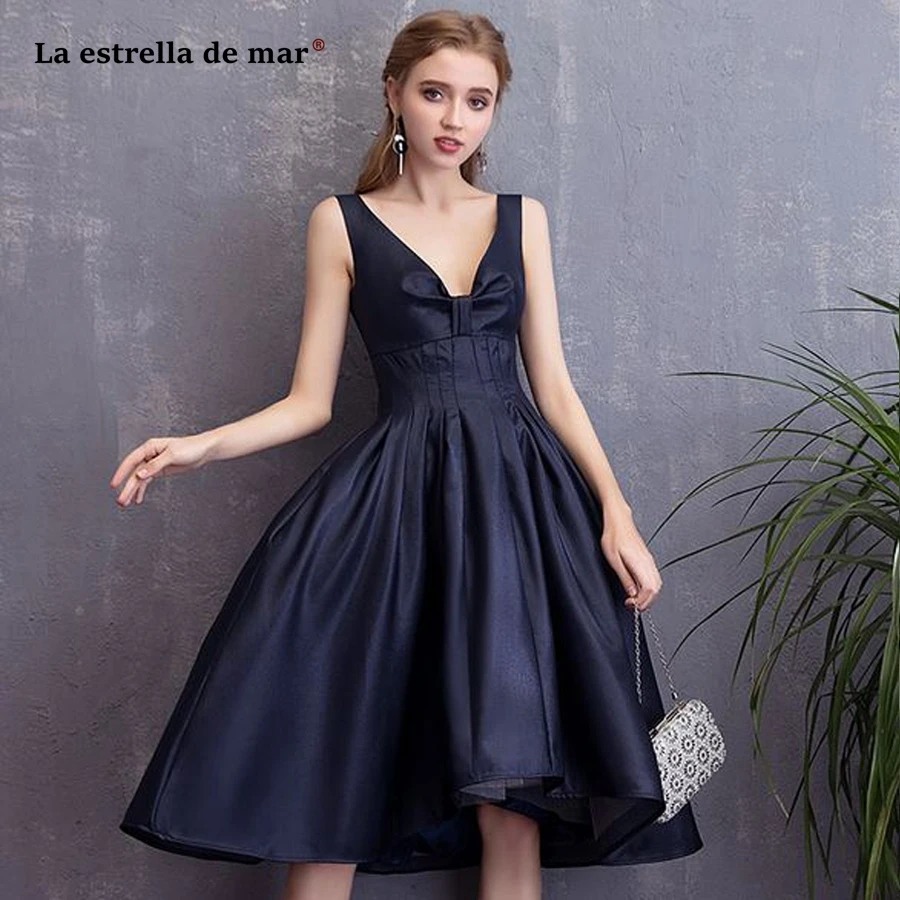 Buy Robe cocktail2018 satin sexy V neck fluffy navy