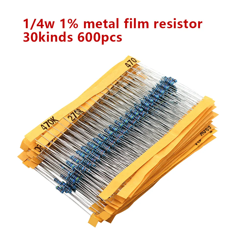 

600pcs/set 30 Kinds 1/4W Resistance 1% Metal Film Resistor Pack Assorted Kit 1K 10K 100K 220ohm 1M Resistors