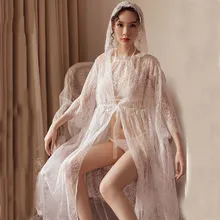 Yhotmeng сексуальный белый кружевной перспективный Феи длинный плащ халат из трех частей ночная рубашка набор