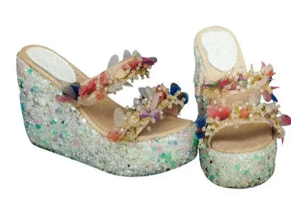 

Unique style platform wedge sandal for woman 2017 crystal butterfly-knot embellished slippers summer open toe wedge sandal