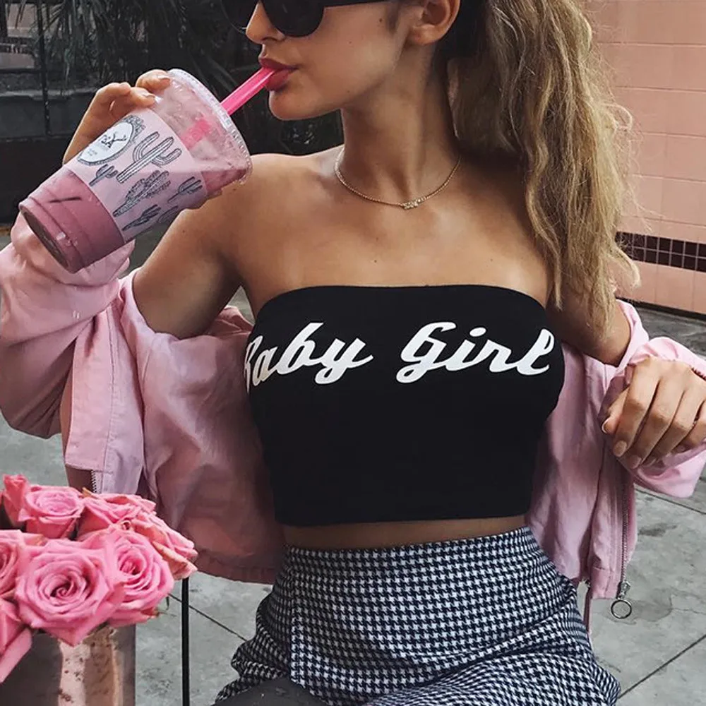 

Sexy Print Tank Tops Women Fashion Casual Summer Letter Halter ladies Sleeveless Letter Print Solid Short girl Length Tube Tops