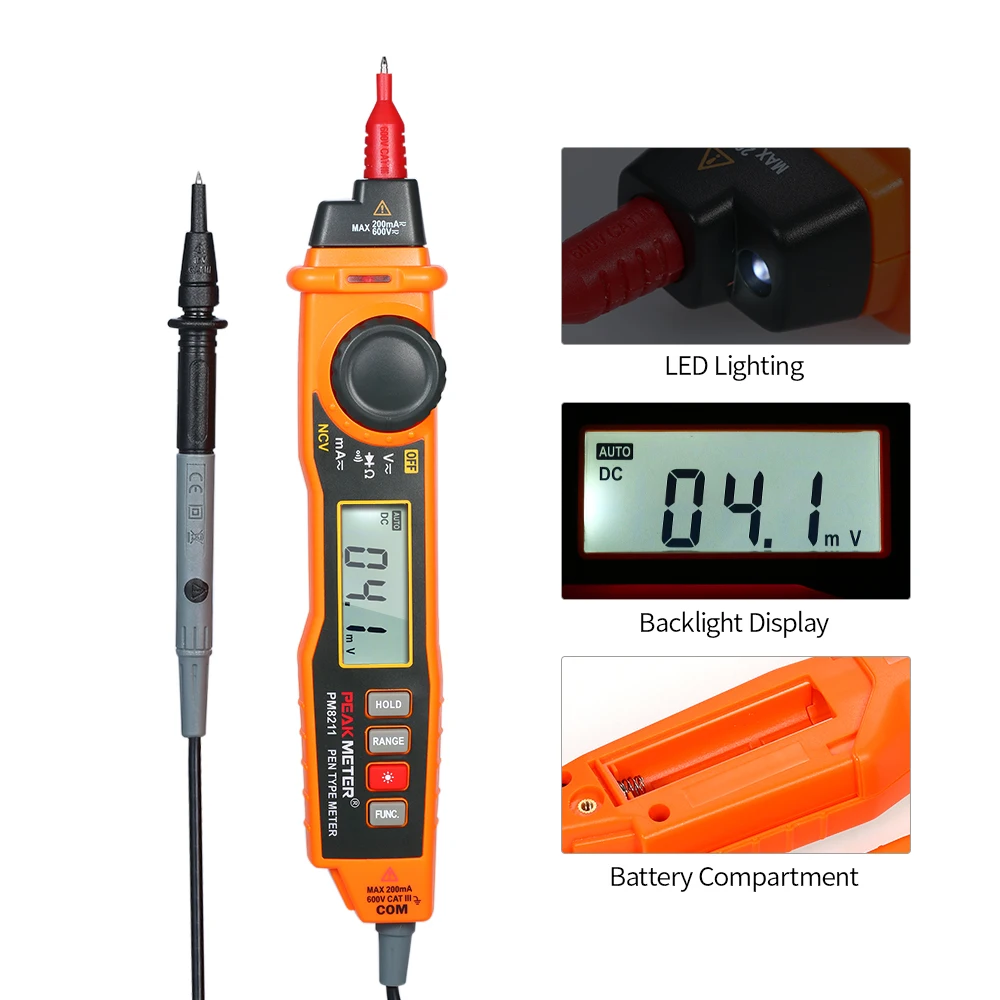 

PEAKMETER Digital Multimeter Handheld Backlight LCD Display Pen Type with Non Contact ACV/DCV Electric Handheld Tester