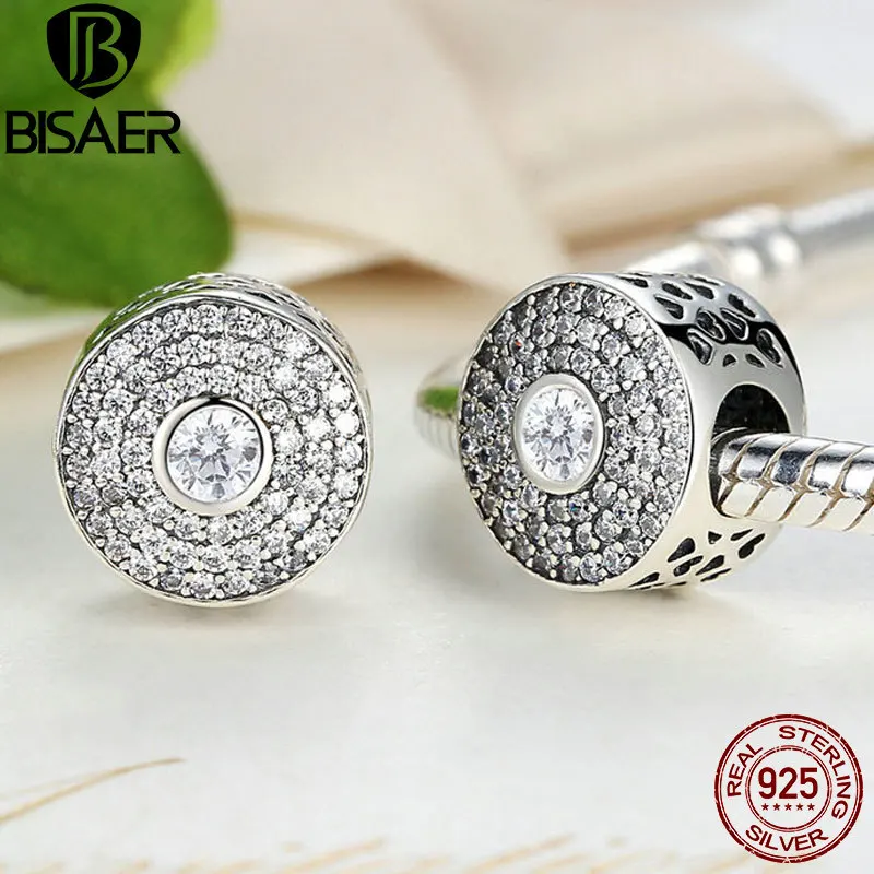 

BISAER 2 Color 100% 925 Sterling Silver Blue & White Crystals Round Bead Charms Fit Pandora Bracelet Women Fashion Jewelry SC029