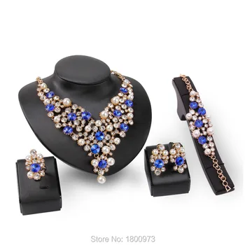 

Women Fashion Sappire Pearl Jewelry Set Gold Color Rhinestone Necklace/Earrings/Bracelet/Ring Wedding Jewelry