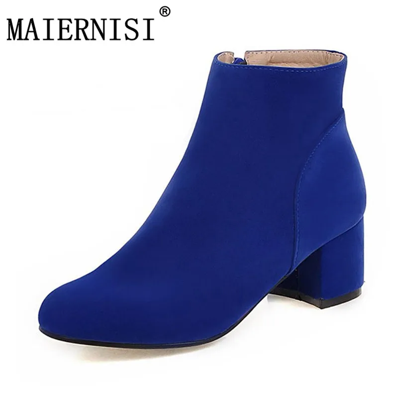 

Plus Size 34-43 Solid Female Footwear Ankle Boots Casual Autumn Winter Boots Thick Heels Fashion Shoes Woman blue black