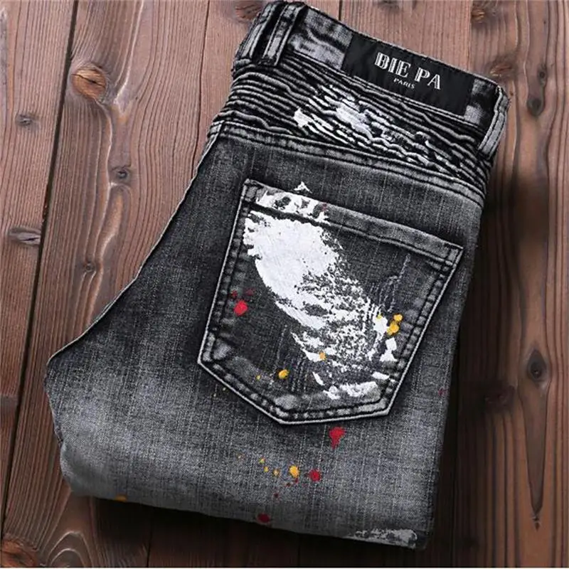 2019 зимние джинсы для мужчин Высокая уличная мотоциклетная байкер Мужские джинсовые штаны черный, серый цвет модный бренд краски струйный