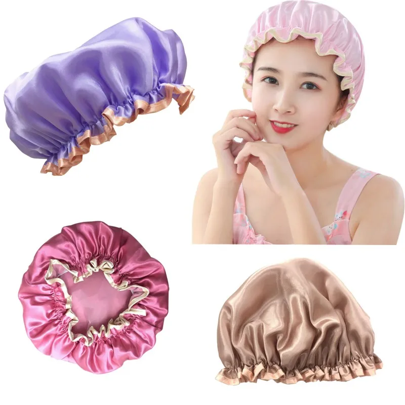 

Women Double Waterproof Oil Proof Shower Satin Cap Lovely Thick Colorful Bath Hats