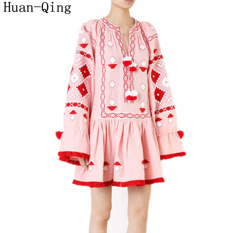 

Nation Style Vintage Embroidery Sexy V-Neck Bandage Bohemian Pink Mini Dress Women's Vestidos Fashion Long Sleeve Party Dresses