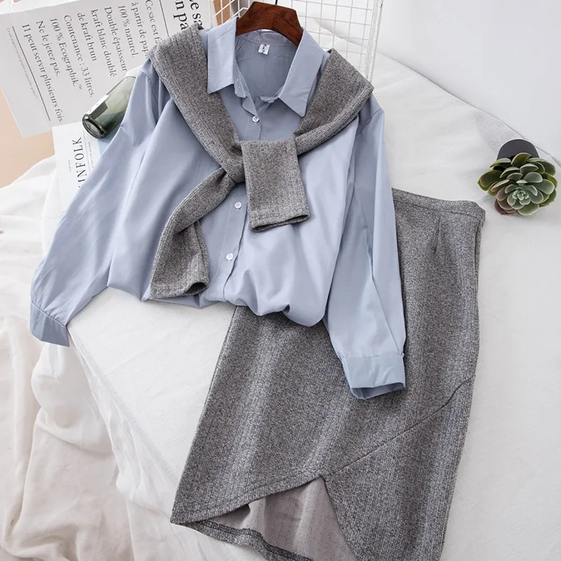 

2 Piece Outfits for Women Autumn Two Piece Set Top and Skirts Suits Fake Two Piece Shirts&pencil Skirts Sets Slim Tracksuits