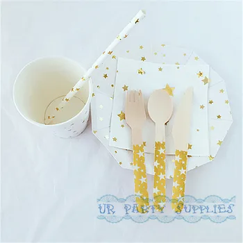 

24 Sets Party Dessert Tableware Gold Star Foil Paper Plates Straws Cups Wooden Cutlery Spoons Forks Knives for Bridal Shower