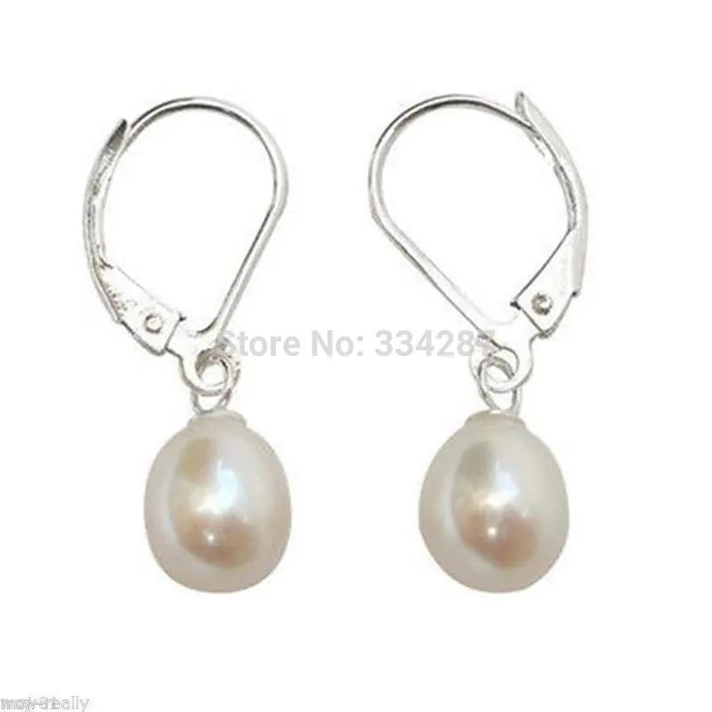

Natural 8-9mm White Cultured Freshwater Pearl Sterling Silver Leverback earrings