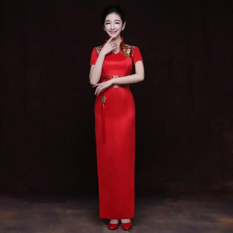 Классический красный женский атласный кулон Qipao винтажное улучшенное свадебное платье невесты китайский стиль рукав съемный Cheongsam Vestidos - Цвет: Red Long1