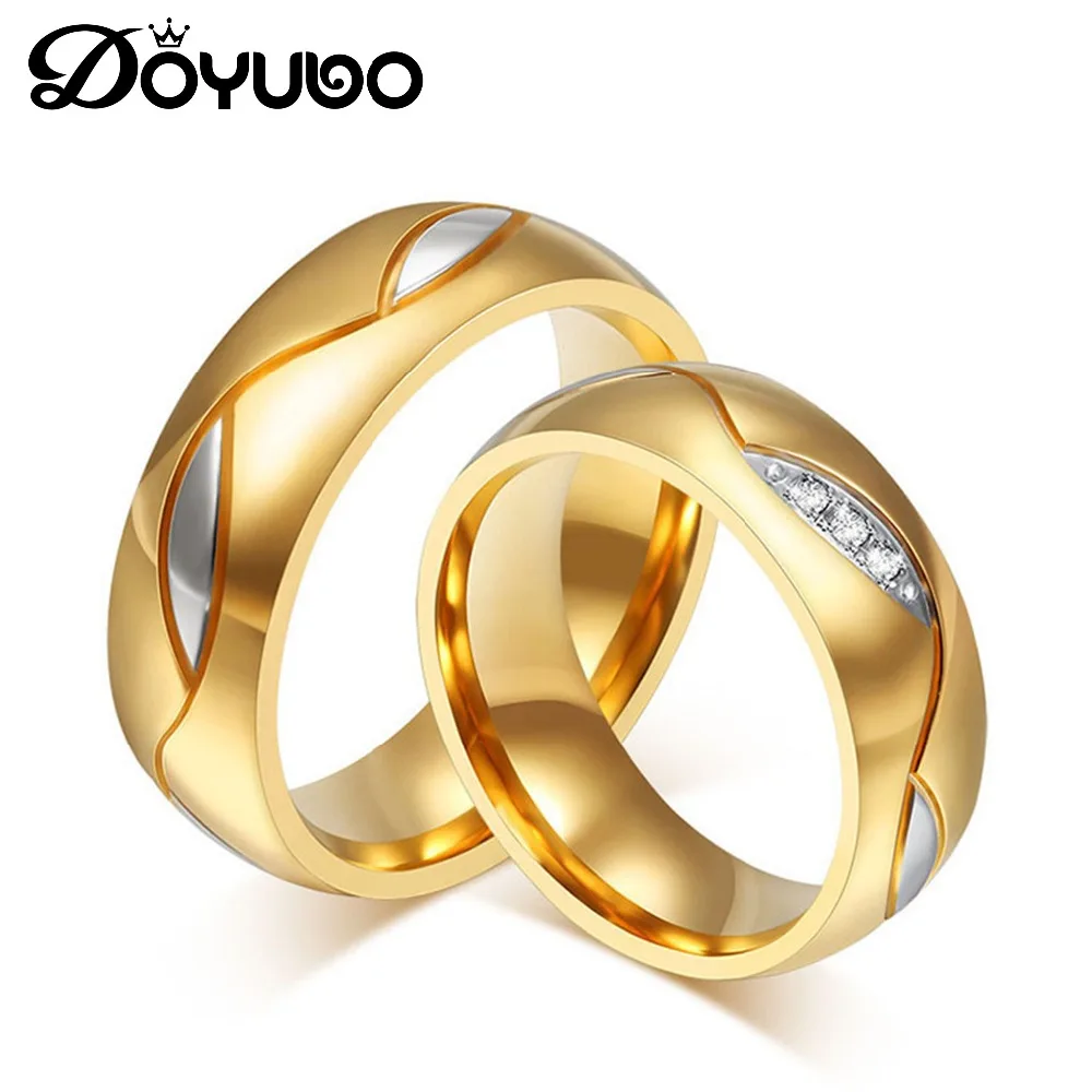 DOYUBO New Arrival Gold Color Lovers' Rings For Wedding European Design 316L Stainless Steel Trendy Couples Rings Jewelry DF007