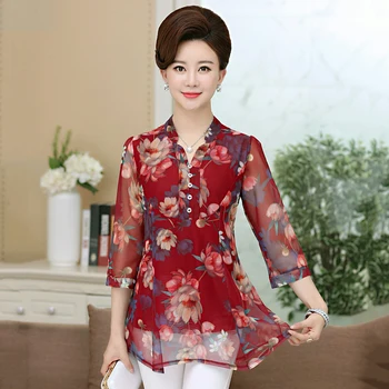 

Floral Mesh Tops Women Stand Neck Three Quarter Sleeve Stretchy Tshirt Tee 2020 Summer Spring New Casual T-shirt Plus Size 5XL