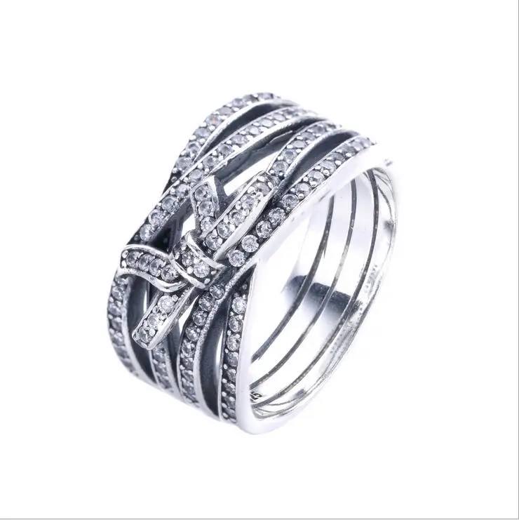 Tie Rings mosaic Clear CZ width ring High Quality 925 Sterling Silver