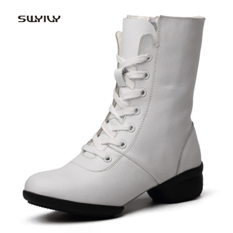 

SWYIVY Women Modern Dance Shoes Genuine Leather Hollow Sneakers 2018 New High-top Zip Dance Shoes Light Weight For Female