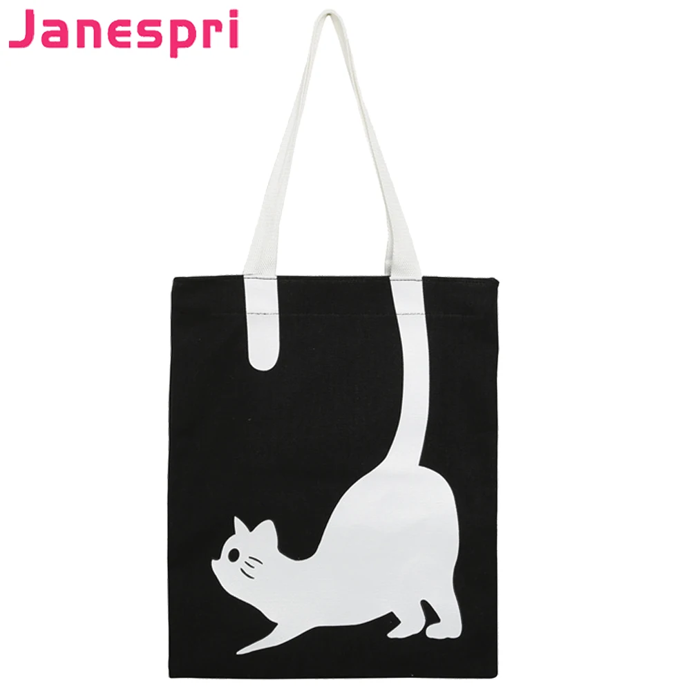 

JANESPRI Fashion Women Canvas Handbag Girls Cute Cat Printed Travel Shoulder Bags Causal Lady Handbags Female Shoulder Tote Bags