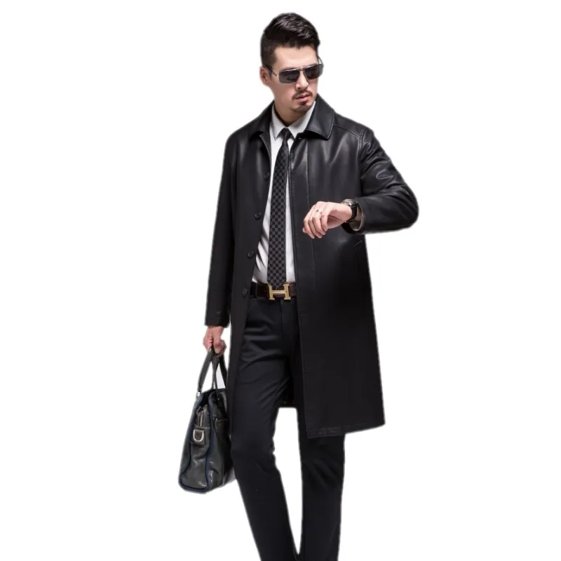 Новинка 809, модное мужское длинное кожаное пальто, овечья шерсть, мужское зимнее пальто, длинная куртка, пальто - Цвет: Черный