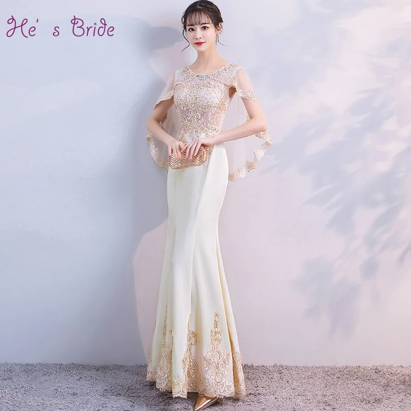 

He's Bride Elegant Short Sleeves Shawl Mermaid Trailing Champagne Long Evening Dress Custom Party Satin Dress Robe De Soiree