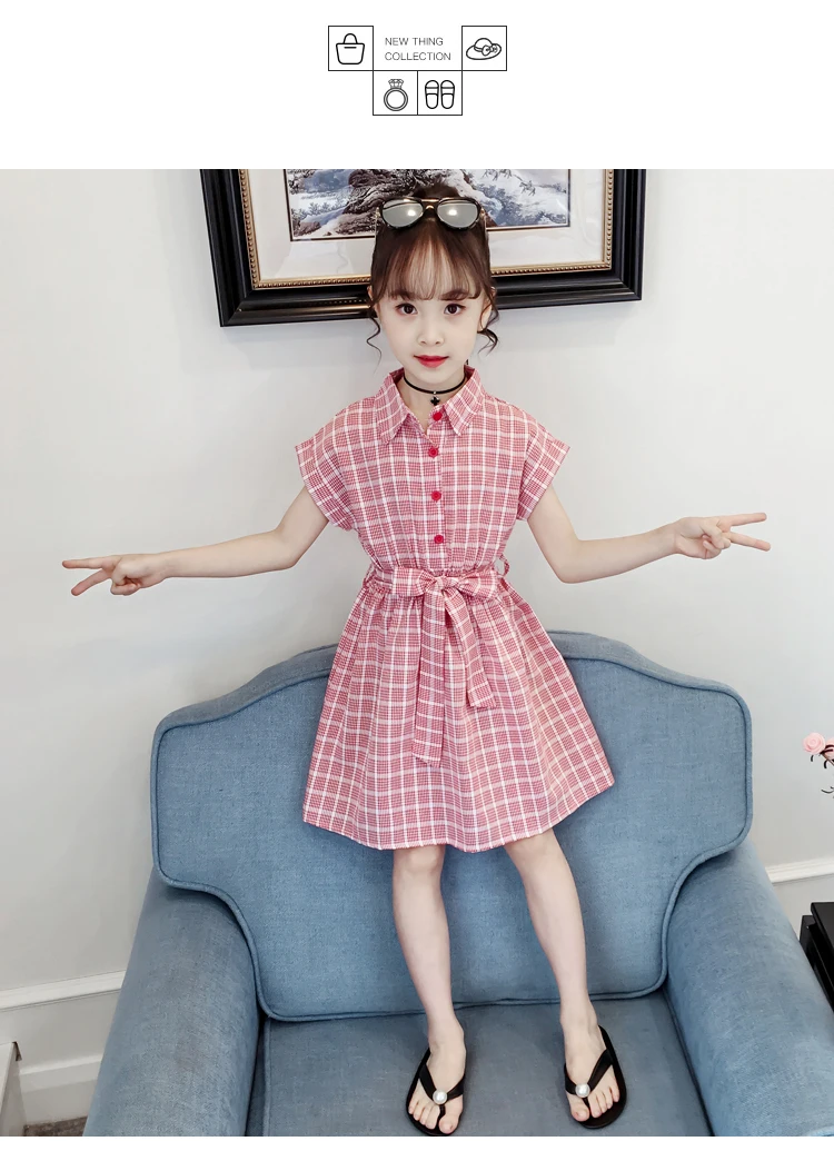 Summer Red Grid White Dress For Baby Girls_04