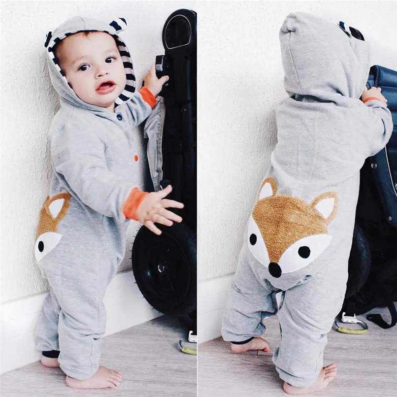 2018 Winter Babys Clothes Toddler Infant Baby Boys Girls Fox Print Long Sleeve Stripe Hooded Jumpsuit Romper Clothes JY26#F (4)