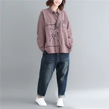 Женская рубашка большого размера с мультяшной вышивкой, весенняя и осенняя хлопковая и льняная Свободная рубашка с длинными рукавами и отворотами