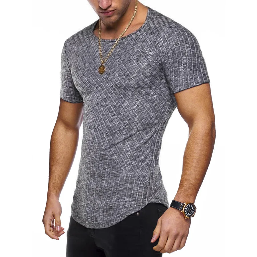 

8-color new summer men's short-sleeved shirt casual round neck stripes stretch for funny street dress solid color T-shirt