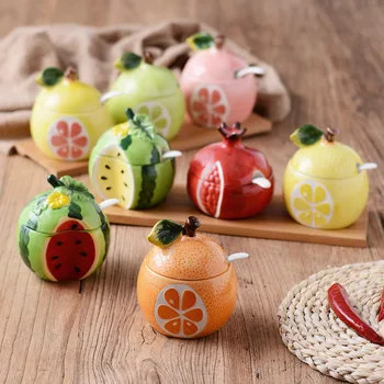

High Quality Creative Fruit Type Kitchen Ceramic Condiment Bottles with Spoon Watermelon Shape Seasoning Flavouring Bottle Jars